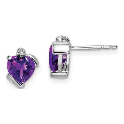 14K White Gold 6mm Amethyst & Diamond Heart Stud Earrings