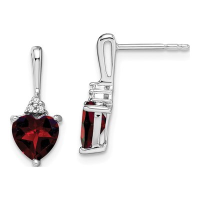 14K White Gold Garnet & Diamond Heart Dangle Earrings