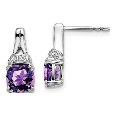 14K White Gold 1/15 ct tw Amethyst & Diamond Cushion Dangle Earrings