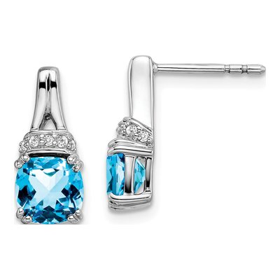 10K White Gold 1/15 ct tw Swiss Blue Topaz & Diamond Cushion Dangle Earrings