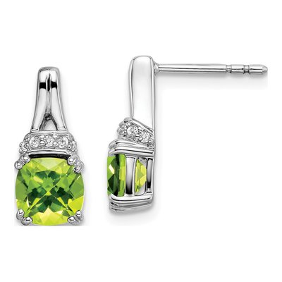 14K White Gold 1/15 ct tw Peridot & Diamond Cushion Dangle Earrings