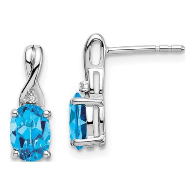 14K White Gold Swiss Blue Topaz & Diamond Oval Dangle Earrings