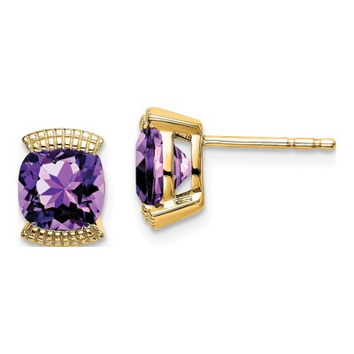 14K Yellow Gold 6mm Amethyst Cushion Stud Earrings