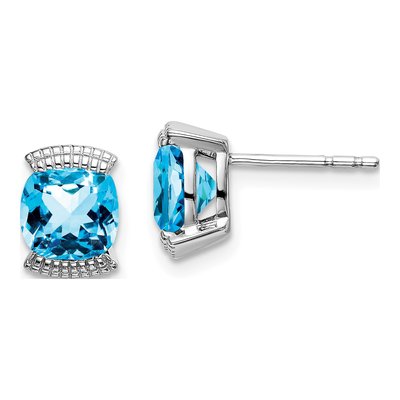 14K White Gold 6mm Swiss Blue Topaz Cushion Stud Earrings