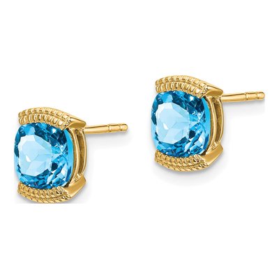 14K Yellow Gold 6mm Swiss Blue Topaz Cushion Stud Earrings – view 2