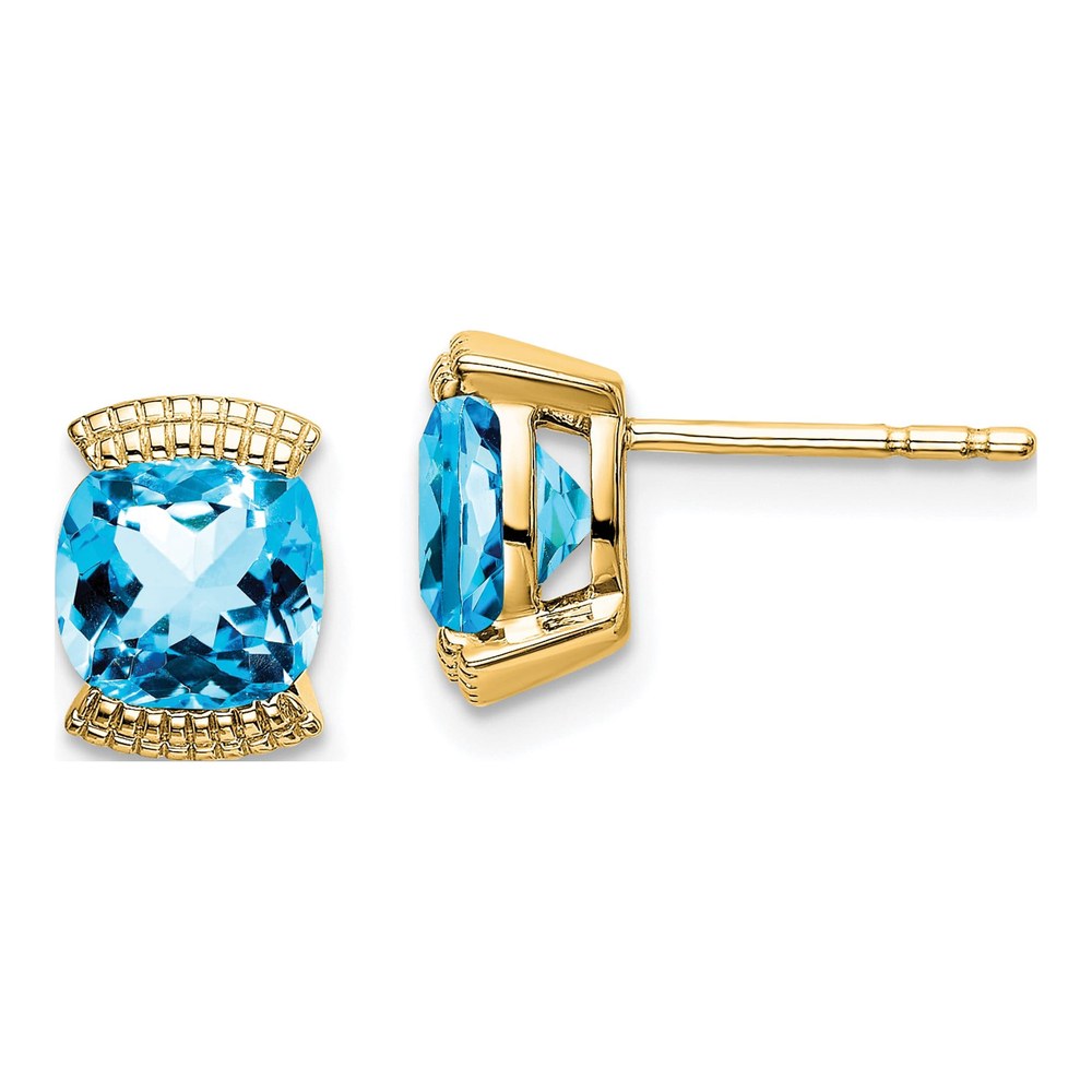 14K Yellow Gold 6mm Swiss Blue Topaz Cushion Stud Earrings