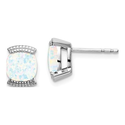 14K White Gold 6mm Lab-Created Opal Cushion Stud Earrings
