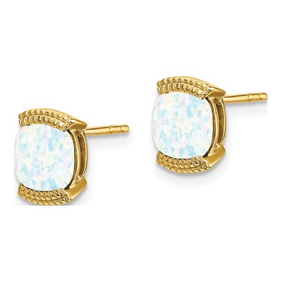 14K Yellow Gold 6mm Lab-Created Opal Cushion Stud Earrings – view 2