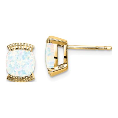 14K Yellow Gold 6mm Lab-Created Opal Cushion Stud Earrings