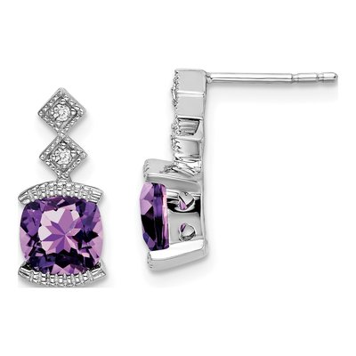 14K White Gold Amethyst & Diamond Cushion Dangle Earrings