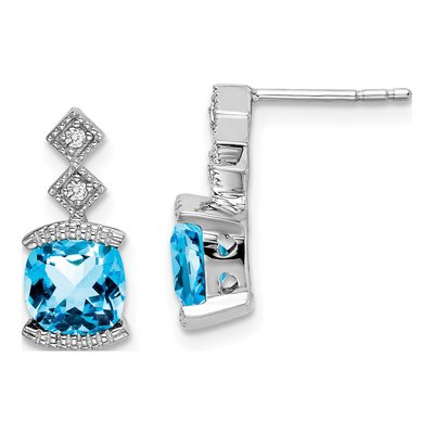 14K White Gold Swiss Blue Topaz & Diamond Dangle Earrings