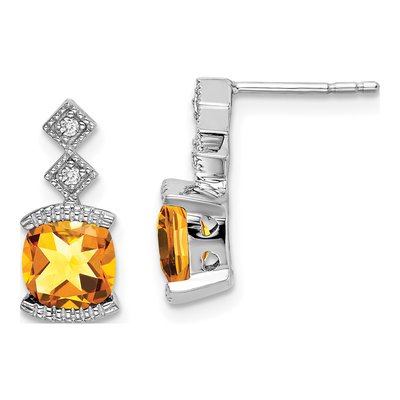 14K White Gold Citrine & Diamond Cushion Dangle Earrings