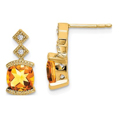 14K Yellow Gold Citrine & Diamond Cushion Dangle Earrings