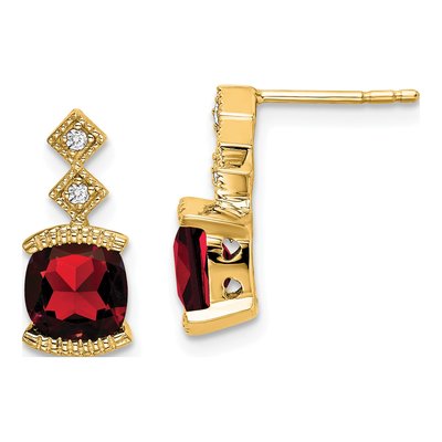 14K Yellow Gold Garnet & Diamond Cushion Dangle Earrings