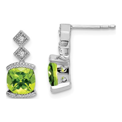 14K White Gold Peridot & Diamond Cushion Dangle Earrings