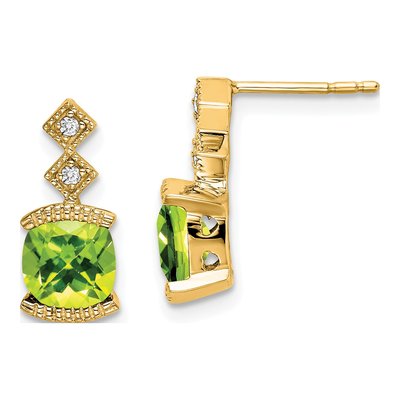 14K Yellow Gold Peridot & Diamond Cushion Dangle Earrings