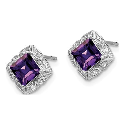 14K White Gold 1/15 ct tw 5mm Princess Amethyst & Diamond Square Stud Earrings – view 2