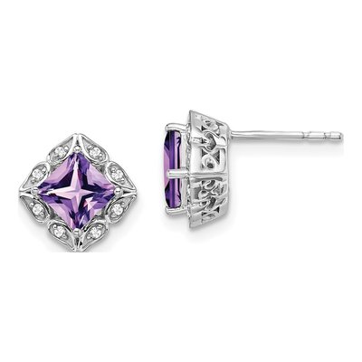14K White Gold 1/15 ct tw 5mm Princess Amethyst & Diamond Square Stud Earrings