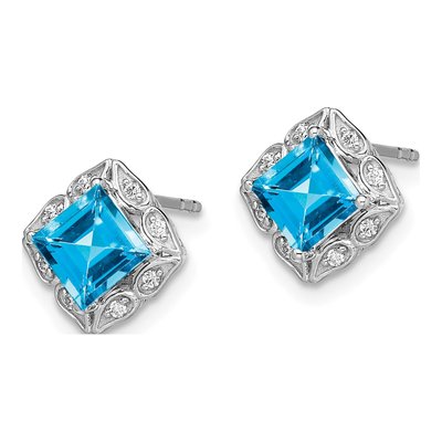 14K White Gold 1/15 ct tw 5mm Princess Swiss Blue Topaz & Diamond Stud Earrings – view 2