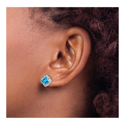 14K White Gold 1/15 ct tw 5mm Princess Swiss Blue Topaz & Diamond Stud Earrings – view 3