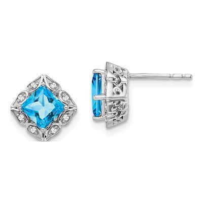 14K White Gold 1/15 ct tw 5mm Princess Swiss Blue Topaz & Diamond Stud Earrings