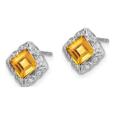 14K White Gold 1/15 ct tw 5mm Princess Citrine & Diamond Square Stud Earrings – view 2
