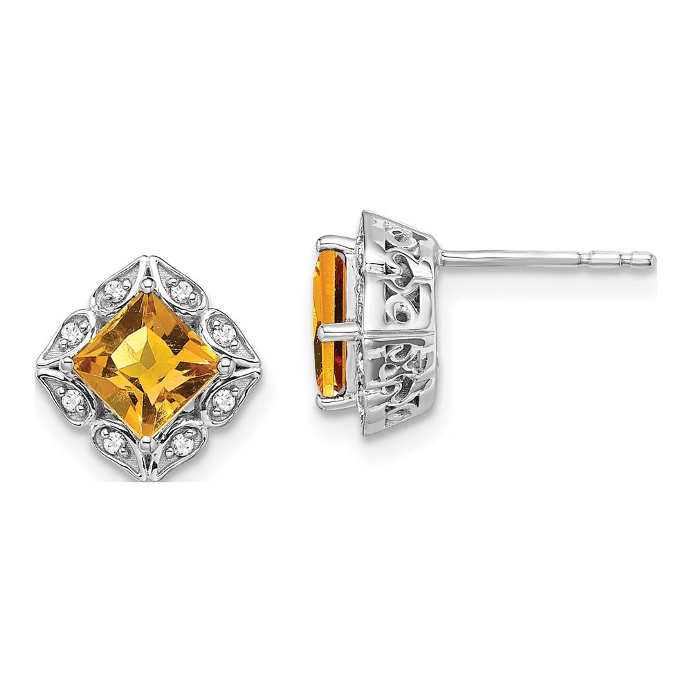 14K White Gold Square Citrine & Diamond Earrings