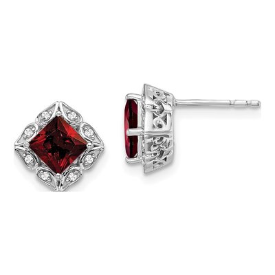 14K White Gold 1/15 ct tw 5mm Princess Garnet & Diamond Stud Earrings