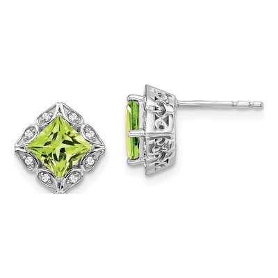 14K White Gold 1/15 ct tw 5mm Princess Peridot & Diamond Stud Earrings