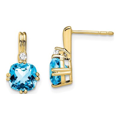 10K Yellow Gold Swiss Blue Topaz & Diamond Cushion Dangle Earrings