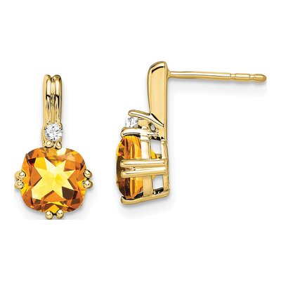 10K Yellow Gold Citrine & Diamond Cushion Dangle Earrings