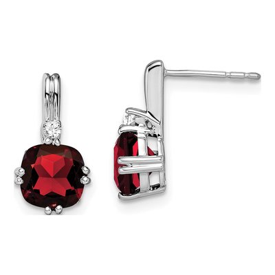 14K White Gold Garnet & Diamond Cushion Dangle Earrings