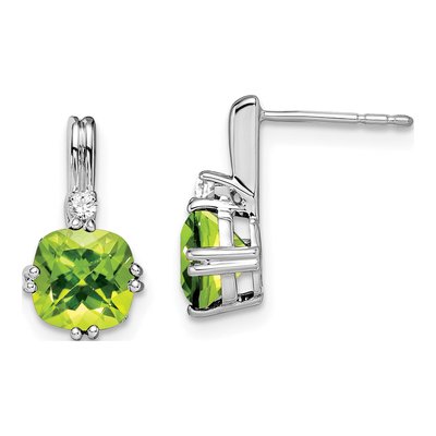10K White Gold Peridot & Diamond Cushion Dangle Earrings