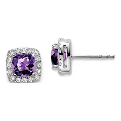 14K White Gold 0.19 ct tw 5mm Cushion Amethyst & Diamond Halo Stud Earrings