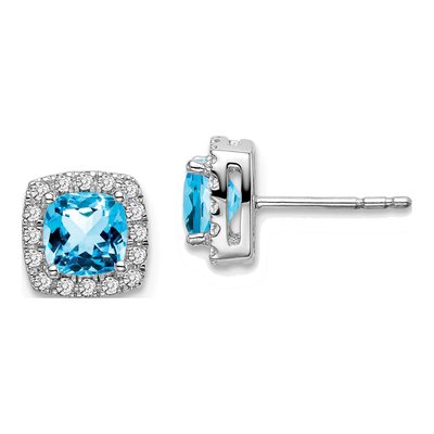 14K White Gold 0.19 ct tw 5mm Cushion Swiss Blue Topaz & Diamond Halo Stud Earrings
