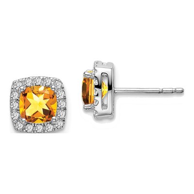 14K White Gold 0.19 ct tw 5mm Cushion Citrine & Diamond Halo Stud Earrings