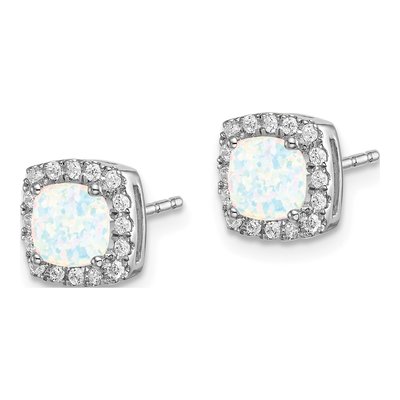 14K White Gold 1/5 ct tw 5mm Cushion Lab-Created Opal & Diamond Halo Stud Earrings – view 2