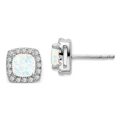 14K White Gold 1/5 ct tw 5mm Cushion Lab-Created Opal & Diamond Halo Stud Earrings