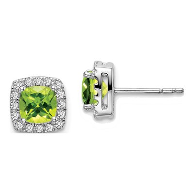14K White Gold 0.19 ct tw 5mm Cushion Peridot & Diamond Halo Stud Earrings