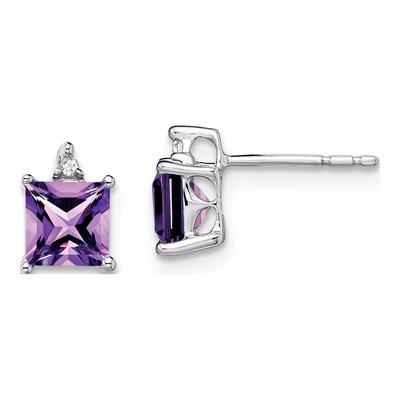 14K White Gold 5mm Amethyst & Diamond Princess Stud Earrings