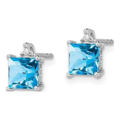 14K White Gold 5mm Swiss Blue Topaz & Diamond Princess Stud Earrings – view 2