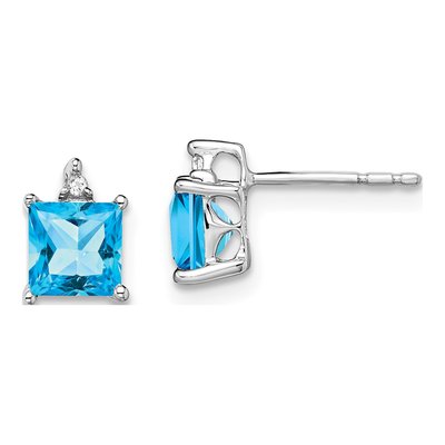 14K White Gold 5mm Swiss Blue Topaz & Diamond Princess Stud Earrings