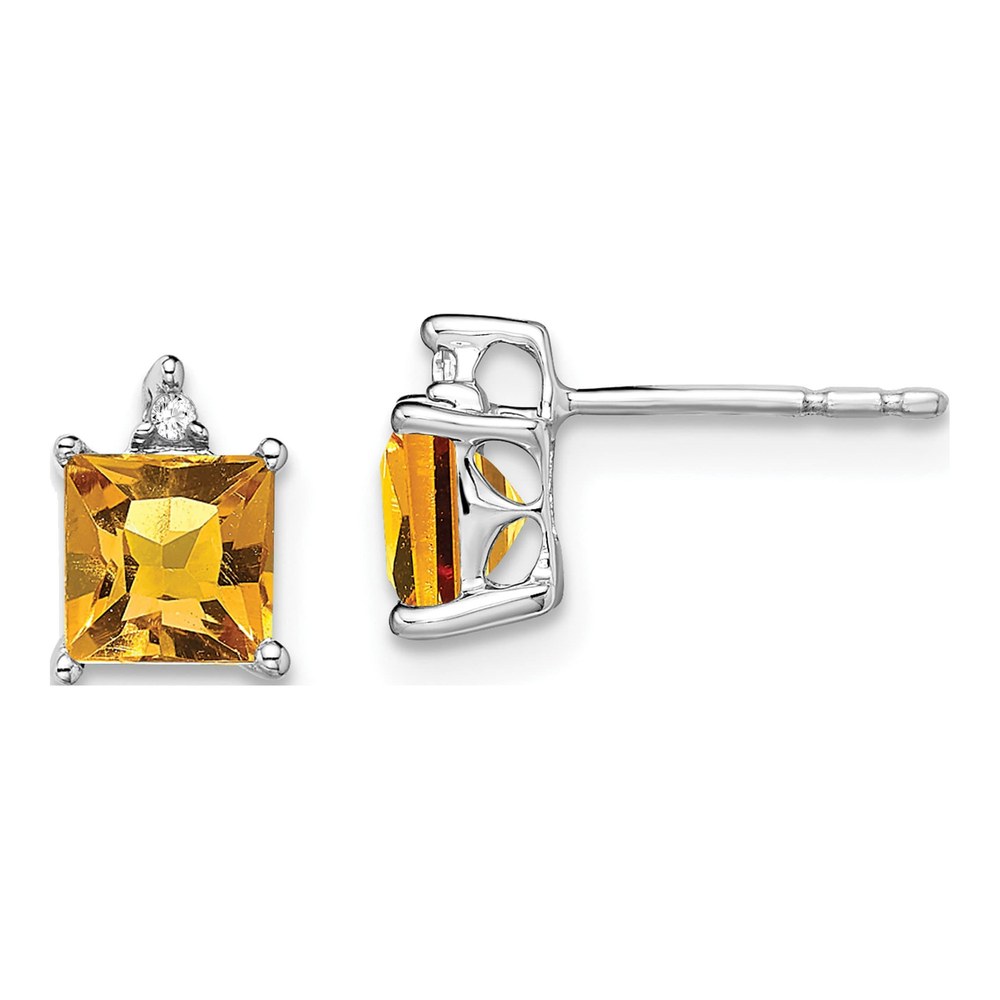 14K White Gold 5mm Citrine & Diamond Princess Stud Earrings
