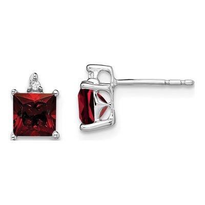 14K White Gold 5mm Garnet & Diamond Princess Stud Earrings