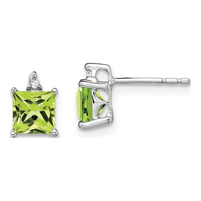 14K White Gold 5mm Peridot & Diamond Princess Stud Earrings