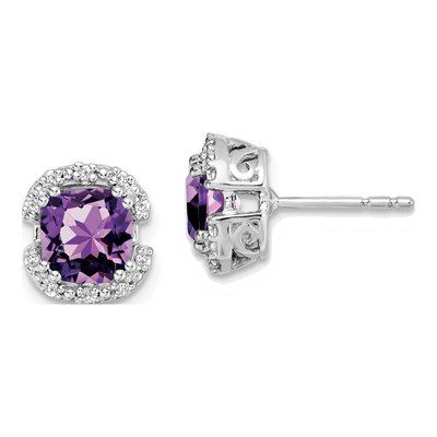 14K White Gold 1/10 ct tw 6mm Cushion Amethyst & Diamond Halo Stud Earrings