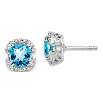 14K White Gold 1/10 ct tw 6mm Cushion Swiss Blue Topaz & Diamond Halo Stud Earrings