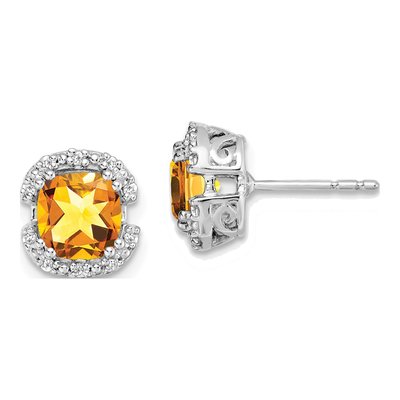 14K White Gold 1/10 ct tw 6mm Cushion Citrine & Diamond Halo Stud Earrings