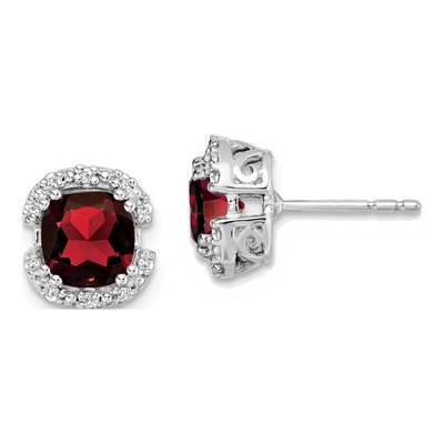 14K White Gold 1/10 ct tw 6mm Cushion Garnet & Diamond Halo Stud Earrings