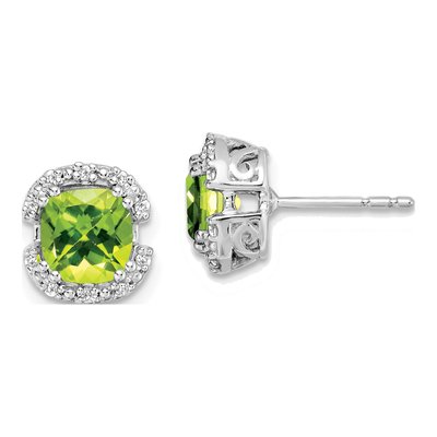 14K White Gold 1/10 ct tw 6mm Cushion Peridot & Diamond Halo Stud Earrings